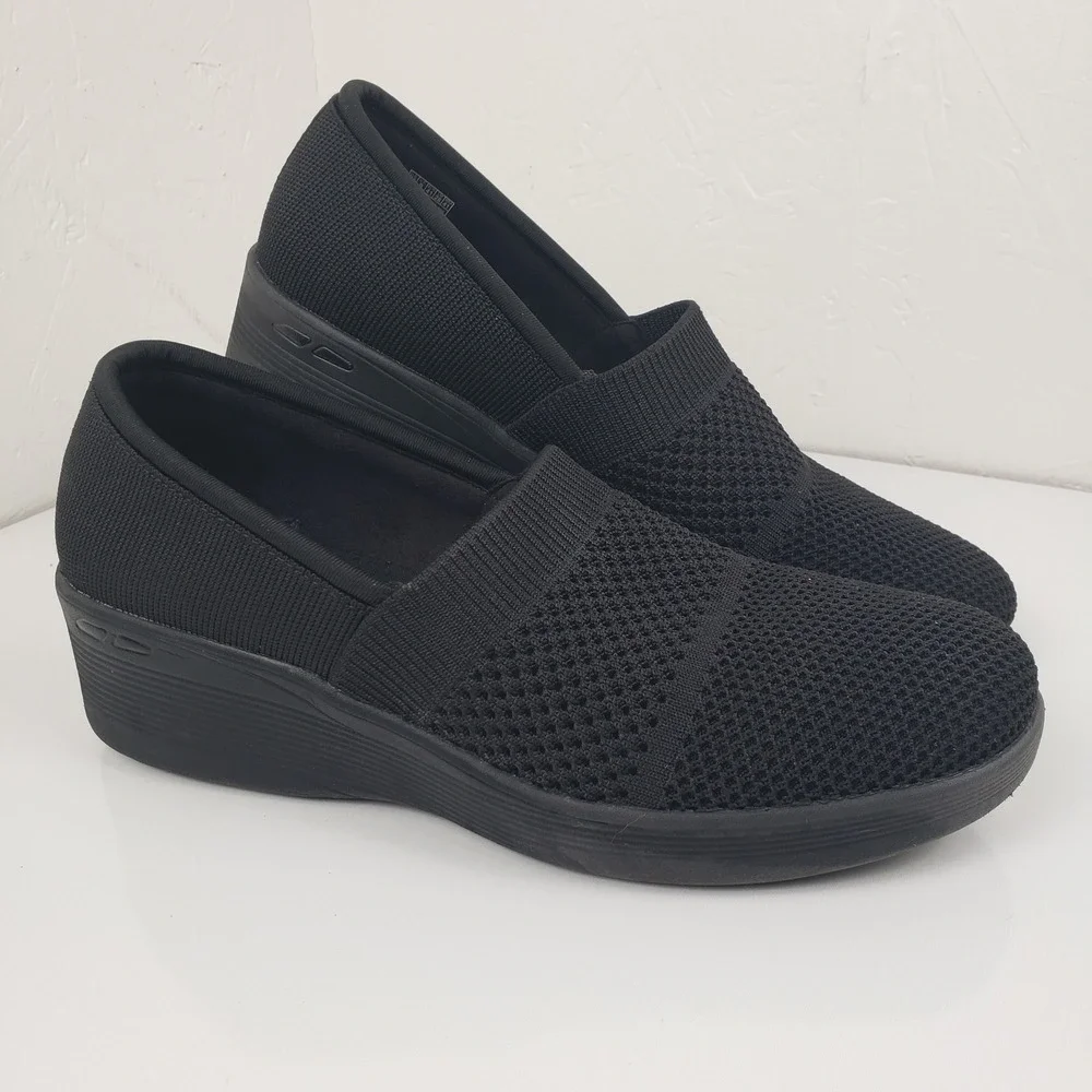 Skechers Women's 11 Pier Lite‎ Wow Factor Black Knit Wedge Slip On Sneaker Shoes